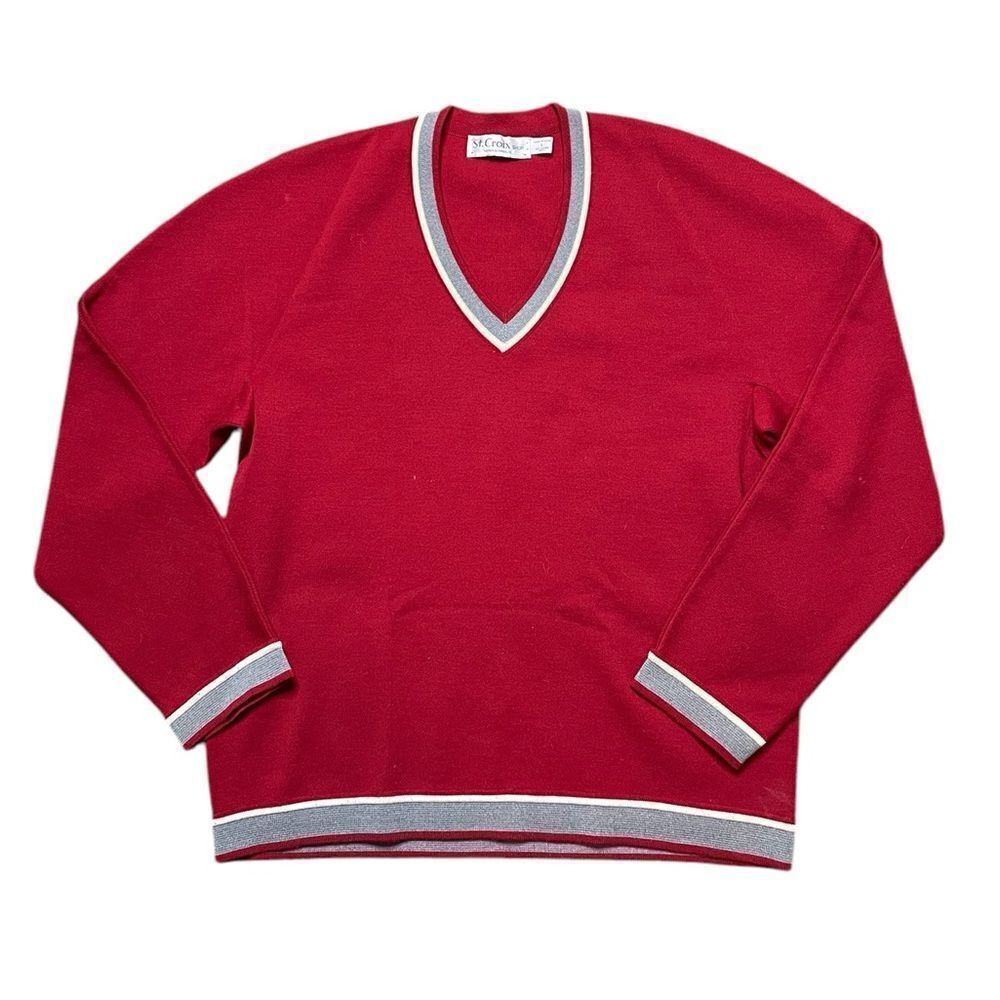 ST. CROIX Wool V-Neck Sweater Red Gray White Size Large